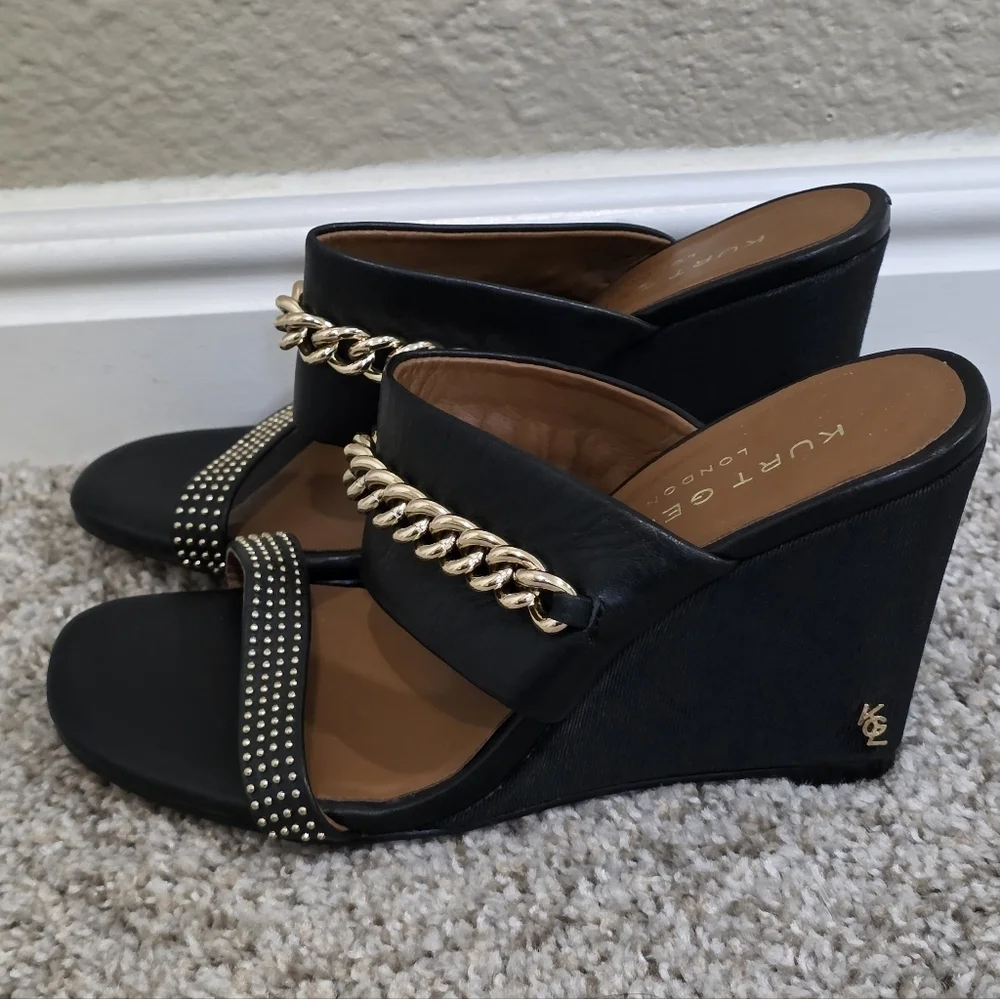 Kurt Geiger Gold Chain Embellished Black Wedge Heels Size 36.5 6US